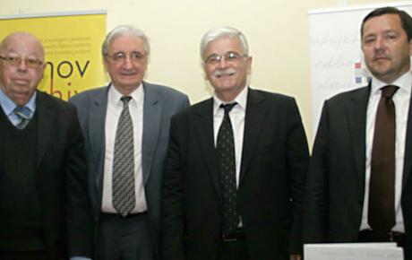 (slijeva) Prof. dr. Zdravko Tomac, prof. dr. Miroslav Tuđman, Milan Kovač i Andrija Mikulić